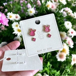 PINK ENAMEL BUNNY & DIAMOND PETITE/GIRLS SENSITIVE EARS EARRINGS new GREAT GIFT